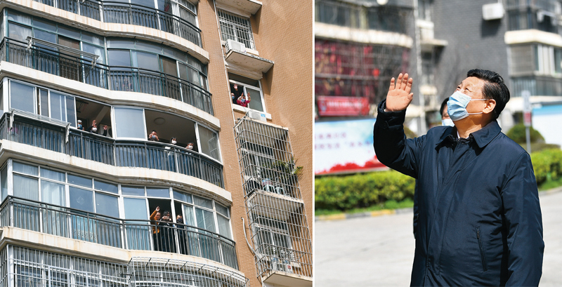 2020年3月10日，習(xí)近平專門赴湖北省武漢市考察新冠肺炎疫情防控工作。這是習(xí)近平在東湖新城社區(qū)考察時(shí)，向在家隔離居住的居民揮手致意、表示慰問（拼版照片）