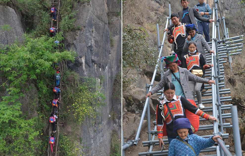“懸崖村”今昔對比：左圖為2016年5月14日，孩子們在家長保護下攀爬木梯回家。右圖為2020年5月13日，昭覺縣支爾莫鄉(xiāng)阿土列爾村村民帶著行李通過鋼梯下山，搬遷至易地扶貧集中安置點的新家。